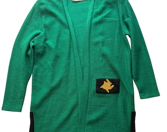 Vintage Steve Fabrikant Womens Medium Green & Navy Blue Wool/Rayon Open Front Cardigan With Embellished Pocket