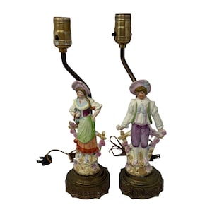 Antique Pair Boudoir Table Lamps Hand Painted Bisque Porcelain Victorian Man & Woman Ornate Brass Bases
