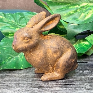May include: A brown, textured rabbit figurine in a seated position. The surface of the rabbit has a weathered, mottled appearance with darker brown and lighter tan patches, featuring long ears and a rounded body shape.