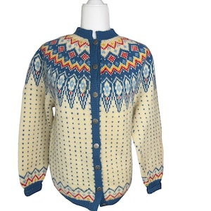 Vintage NORWAY SKI SWEATER Nordic Wool Cardigan Sweater With Ornate Silver Button Closure & Geometric Pattern Womens Medium