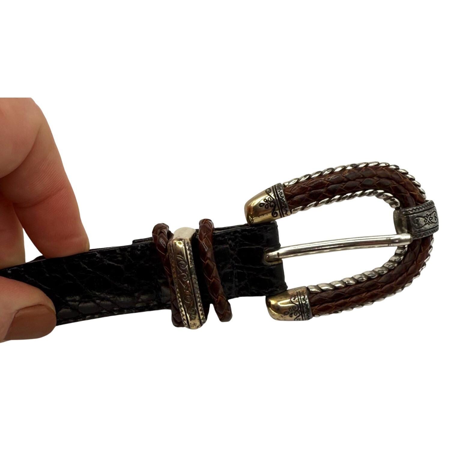 Brighton Leather‎ Belt 90s Vintage Y2K, Black 90s Brighton Black Croc Embossed Leather Belt: Silver Tone  main image 3