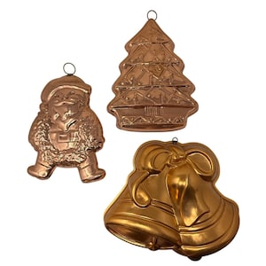 Set of 3 Vintage Copper Gelatin Molds Christmas Santa Claus Bells Tree, Mirro Jello Cake Mold Hanging Wall Decor, Kitchen Decor