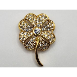 Vintage Swarovski Gold Tone Clear Rhinestone Flower Brooch Signed Estate Jewelry