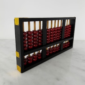 Vintage Lotus Flower Brand 91 Bead Abacus 12.5&quot; x 6&quot; Black with Red Beads, Chinese Abacus, Wooden Calculator, Primitive Math Tool