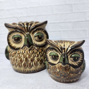 Vintage Mid Century Set 2 Carlos Villanueva? Tonala Folk Art Mexican Pottery Owl Bird, OWLS, Large owl, Small owl, Mexican Folk Art, MCM
