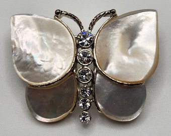 Vintage Designer Monet Mother of Pearl Butterfly Brooch Pin Crystal Rhinestones