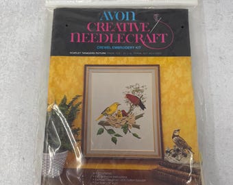 Vintage 1970s Avon BIRDS Tree Scarlet Tanagers Picture Crewel Embroidery Kit Creative Needlecraft NOS New Crewelwork Finished Size 14 x 18"