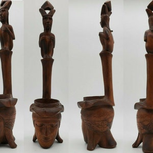 Vintage Indonesian Hand Carved Wood Tribal Figural Water Dipper Ladle 20&quot;