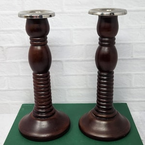 Vintage Turned Wood Chrome Top Taper Candle Holder Candlestick Pair 9.25&quot; T, Vintage Candlesticks, Farmhouse, Cottage, Unique Decor