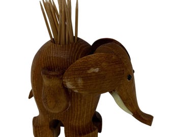Vintage MCM Elephant Toothpick Holder, Wood, Bar Cart Pick Holder, Appetizers, Cocktails, Charcuterie Boards (E)