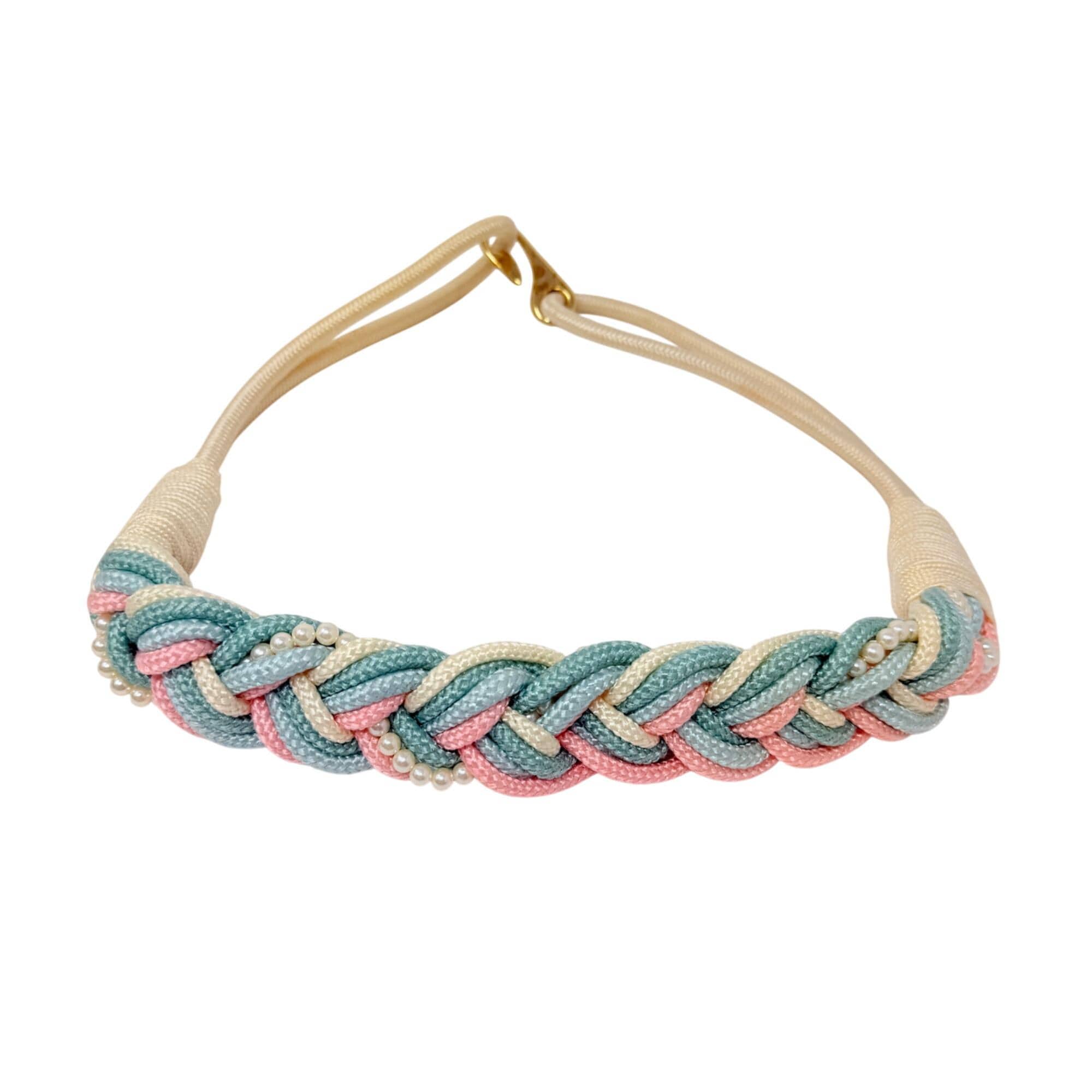 Vintage Pastel Braided Stretch Belt Cream Beaded Pearl Nylon 