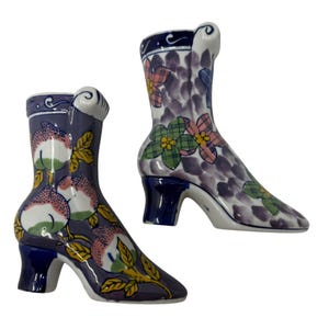 Vintage Wall Pocket Pair 2 Victorian Shoe Boot Wall Planters Blue Floral Porcelain, vintage wall pocket, wall pocket planter