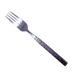 May include: A stainless steel fork with four tines. The handle features a decorative floral pattern. The fork is designed for eating and is suitable for everyday use.