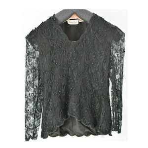 Vintage Black Beaded Blouse Large Formal Party Cocktail Blouse Top Scalloped Hem