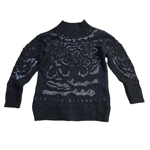Vintage Black Beaded Lambswool Angora Blend Pullover Sweater S/M Fuzzy Retro Knit, 80s Fashion, 80s style, 90s Vintage Fashion, Sustainable