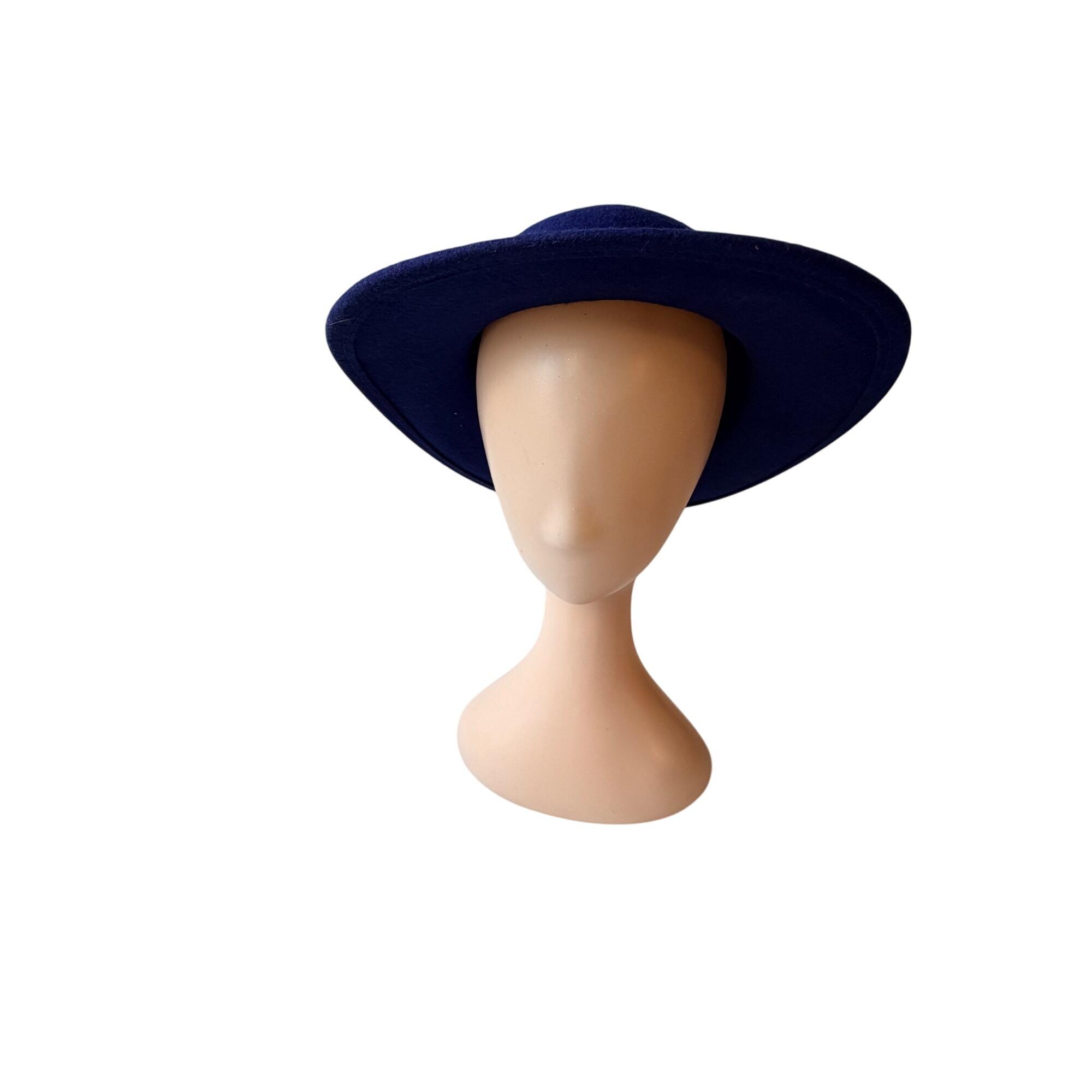 Vintage 1960s‎ Navy Wool Wide Brim Hat with Ribbon & Gold Stud Trim Elegant Vintage 1960s Navy Wool Wide Brim Hat With Ribbon & Gold  main image 3