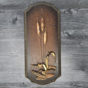 Vintage Brutalist Copper Brass Cattail Sculpture Wall Art Wood 60s 70s Décor, Rustic, Lake House Decor, Log Cabin, Rustic Decor