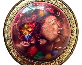 Vintage 1950s Reverse Carved Lucite Renaissance Lady Brooch New Old Stock