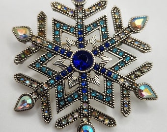 Snowflake Blue Clear Rhinestone Silver Tone Brooch Christmas Winter, vintage jewelry, costume jewelry, vintage brooch, estate jewelry, Pin