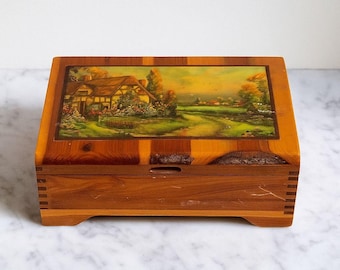 Vintage Cedar Wood Keepsake Box with Cottage Scene Rustic Jewelry Trinket Box