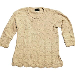 Vintage Women 80s Ivory Ecru Sweater sz Medium Boho Open Knit Scalloped Hem, 1980s, Grandma Sweater