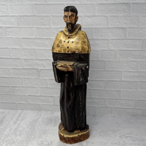 Escultura de monje franciscano de madera tallada a mano de estilo antiguo, de 40 cm de alto, policromada, religiosa, cristiana y católica