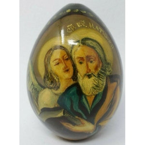 Vintage Beautiful Hand painted Russian Wooden Egg Saint with Book and Angel Signed 3.25&quot;, Wood Egg, Russia, Vintage, altar decor