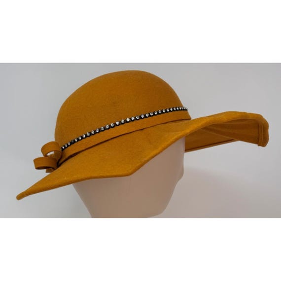 Mustard Wool Felt Wide Brim Hat Rhinestone Trim Bow Bollman  display picture 2