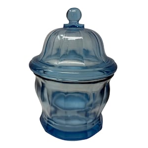 Vintage Indiana Glass Azure Blue Glass Heavy Paneled Candy/Apothecary Jar w/ Lid 8.5” tall Excellent Condition!