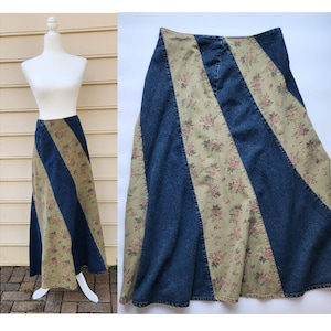 Vintage Women's Denim Skirt High Waisted Jean Long Floral CottageCore Plus TALL Skirt, Long Skirt, Maxi, Vintage, Boho, Boho Skirt, Bohemian