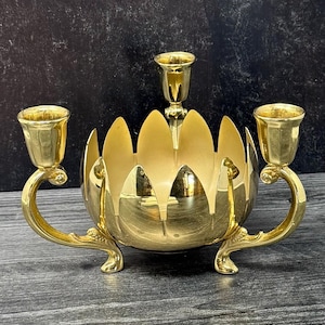 Vintage Italy Italian Brass Plated Lotus Candle Holder Flower Vase Centerpiece 3 Arm Antique Candelabra, Taper Candle Holder, Candlesticks