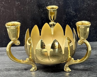 Vintage Italy Italian Brass Plated Lotus Candle Holder Flower Vase Centerpiece 3 Arm Antique Candelabra, Taper Candle Holder, Candlesticks