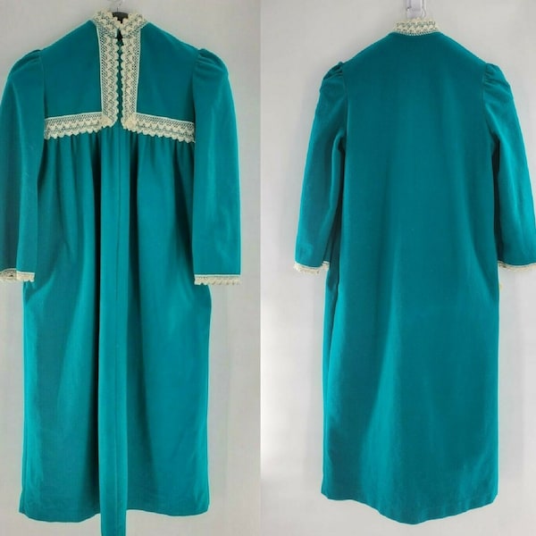 Vintage Retro Fleece Teal Green Velvet Zip Up Robe Loungewear Medium Housecoat, Vintage Loungewear, Pajamas, Vintage, Lounge Wear