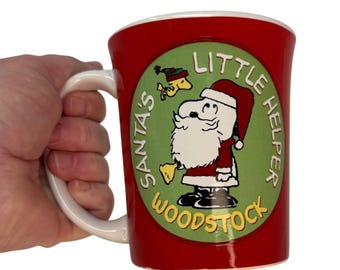 Vintage Snoopy Christmas Mug Featuring Snoopy as Santa and Woodstock as Santa's Little Helper, Peanuts Coffee Cup by Gibson