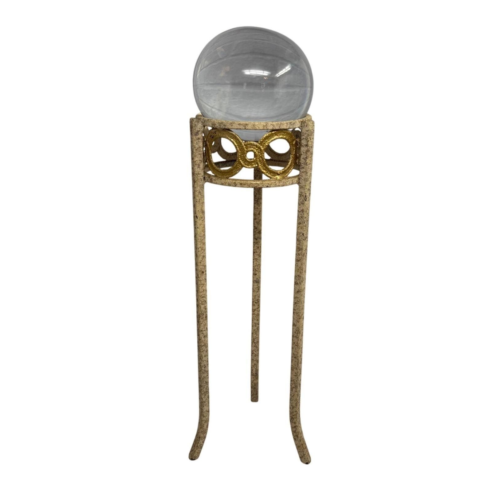 Vintage Wrought Iron Painted Ivory & Gold Metal Crystal Ball Stand