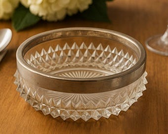 Vintage Glass Bowl with Silver-Plated Rim | Pressed Glass Candy Dish | Mid Century Starburst Bowl | Decorative Trinket Dish