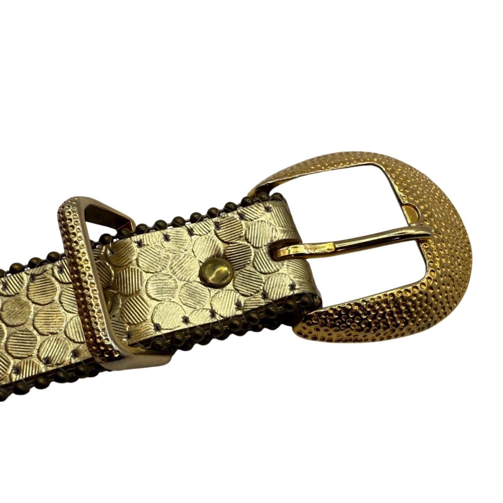 Vintage Gold Leather Beaded Trim Belt with Textured Buckle 80s Gold Metallic Studded Leather Belt, Braided Buckle - Etsy main image 2