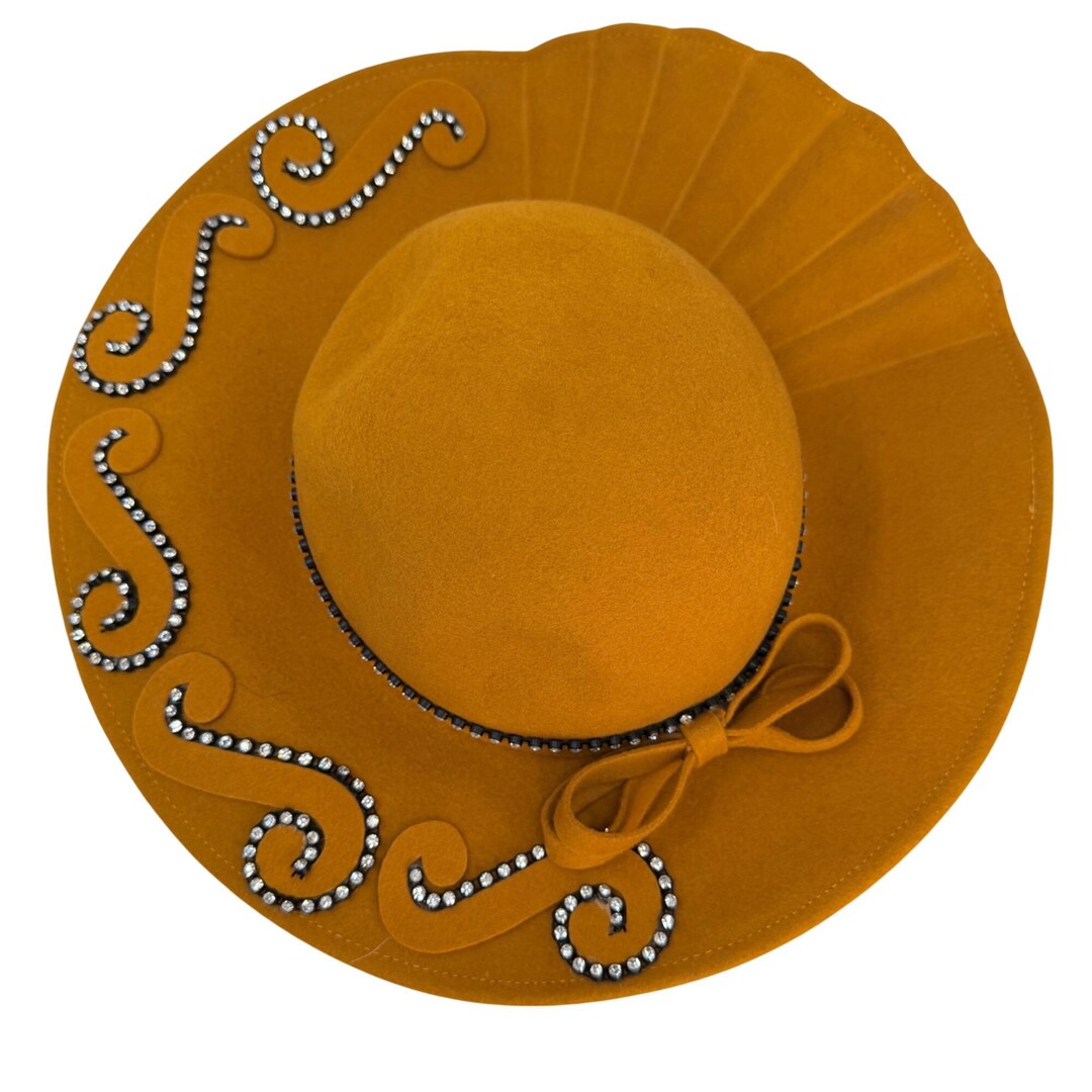 Mustard Wool Felt Wide Brim Hat Rhinestone Trim Bow Bollman  display picture 1