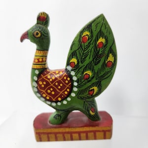 Vintage Hand Painted Wooden Peacock Figurine Folk Art, Carved Wood Bird, Hand Painted Figurine