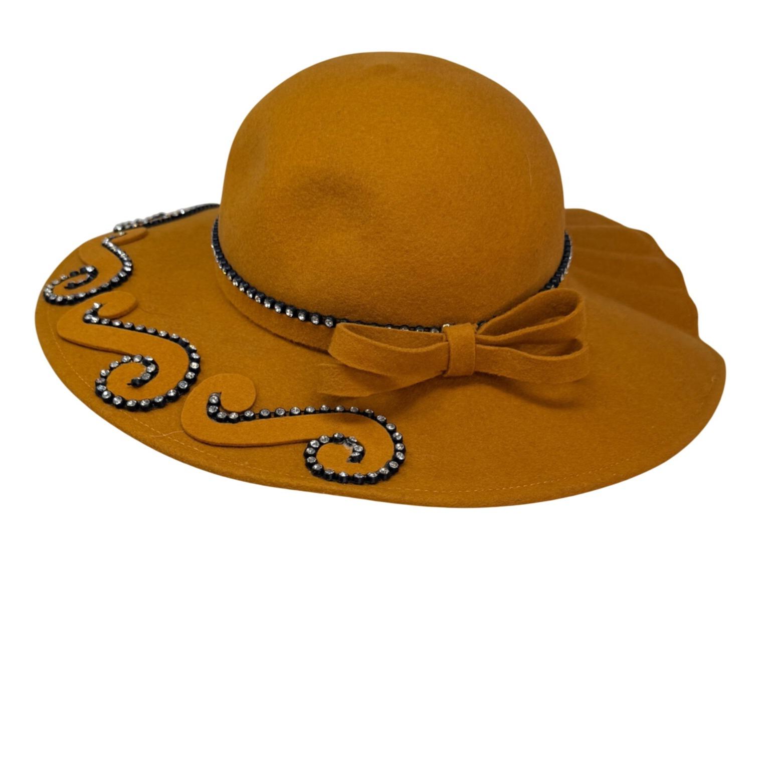 Mustard Wool Felt Wide Brim Hat Rhinestone Trim Bow‎ Bollman 1980s Vintage 1980s Navy Blue Wide Brim Felt Hat, Gold Flowers  main image 4