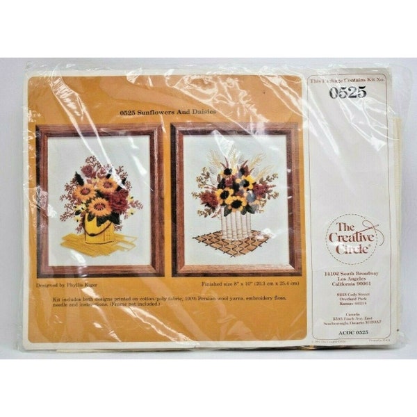 SUNFLOWERS & DAISIES Vintage 70s Crewel Embroidery Kit Phyllis Kiger Flowers