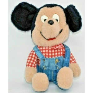 Vintage 1976 Mickey Mouse Knickerbocker 13&quot; Plush RARE Overalls & Gingham Farmer, Mickey, Disney, Walt Disney, Mickey Mouse