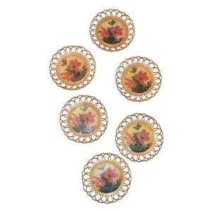 Vintage 70s 80s Floral Butterfly Balsa Wood & Lucite Coaster Set (6) 4.5&quot; Diameter Coasters Cottagecore Barware Drink Coaster Set