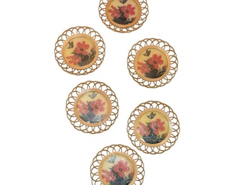 Vintage 70s 80s Floral Butterfly Balsa Wood & Lucite Coaster Set (6) 4.5" Diameter Coasters Cottagecore Barware Drink Coaster Set