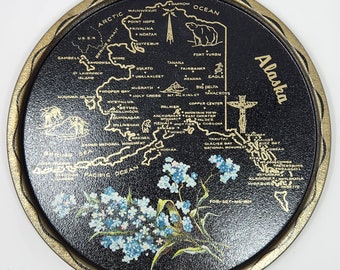 Vintage Mid-Century Alaska Map Serving Tray, Forget-Me-Not Flowers