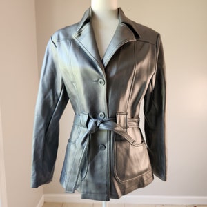 Y2K B.B. Dakota Women&#39;s Vintage SILVER Mid Length Faux Leather Jacket Small - Medium, Worn Faux Leather Jacket, Faded Vegan Leather Jacket