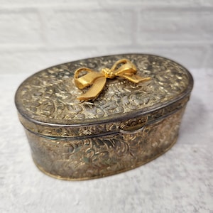 Vintage Pretty Ornate Silverplate with Gold Tone Ribbon On Lid Metal Ring / Jewelry  Trinket Box with Velvet Lining Lidded Silver Box