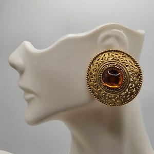 Vintage Textured Gold Dome Statement Earrings With Amber Cabochons, 1980s Earrings, Vintage Earrings, Vintage Jewelry, Estate Jewelry