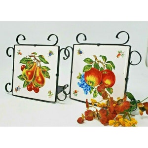 Vintage MCM Ceramic Fruit Tiles Wrought Iron Book Ends Mid Century Décor Bookend Home Decor Mid Century