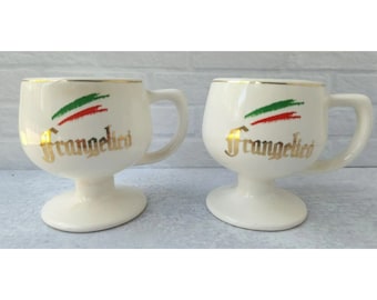 2 Vintage Frangelico Hazelnut Liqueur Ceramic Mugs Gold Rimmed Logo 8 Oz Footed